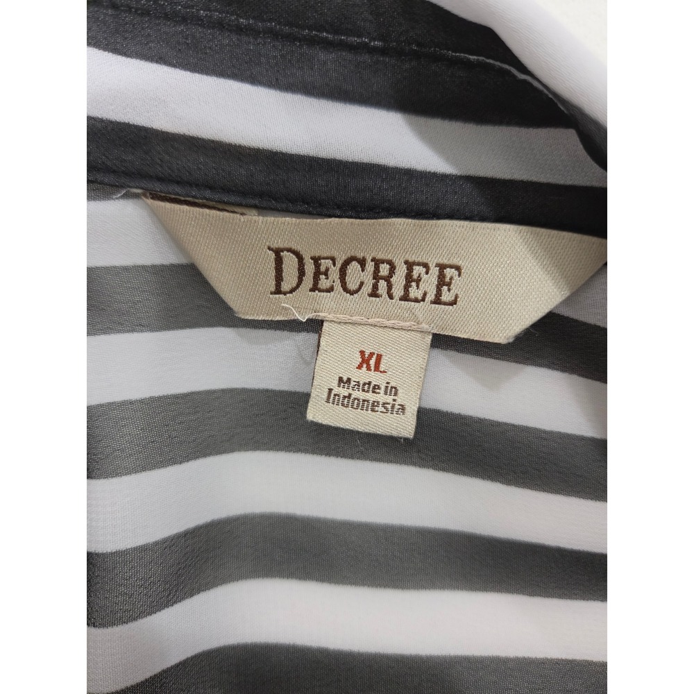 Decree Black White Striped Button Up Blouse XL Roll Tab Sleeve Sheer Top - Picture 3 of 6